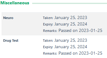 Neuro and Drug Test Passed